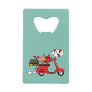 Red Cardinal Lovers on Scooter Credit Card Bottle Opener