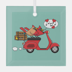 Red Cardinal Lovers on Scooter Glass Ornament