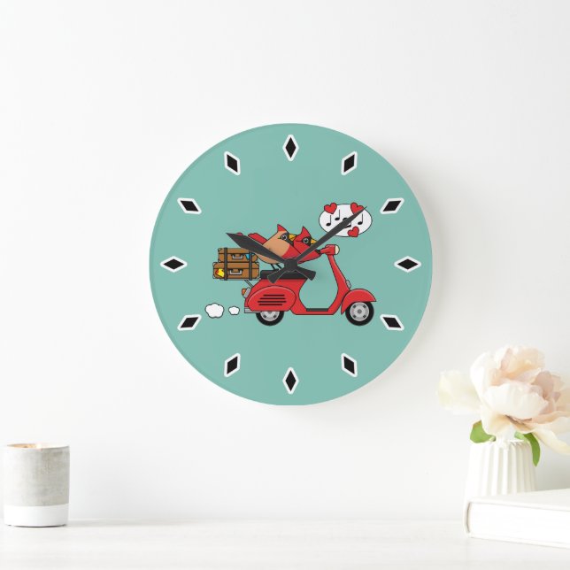 Red Cardinal Lovers on Scooter Large Clock (Home)