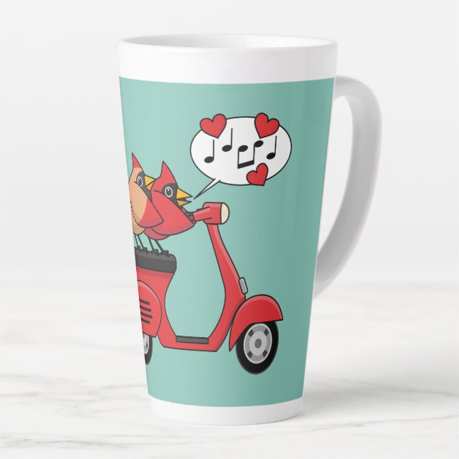 Red Cardinal Lovers on Scooter Latte Mug (Right Angle)