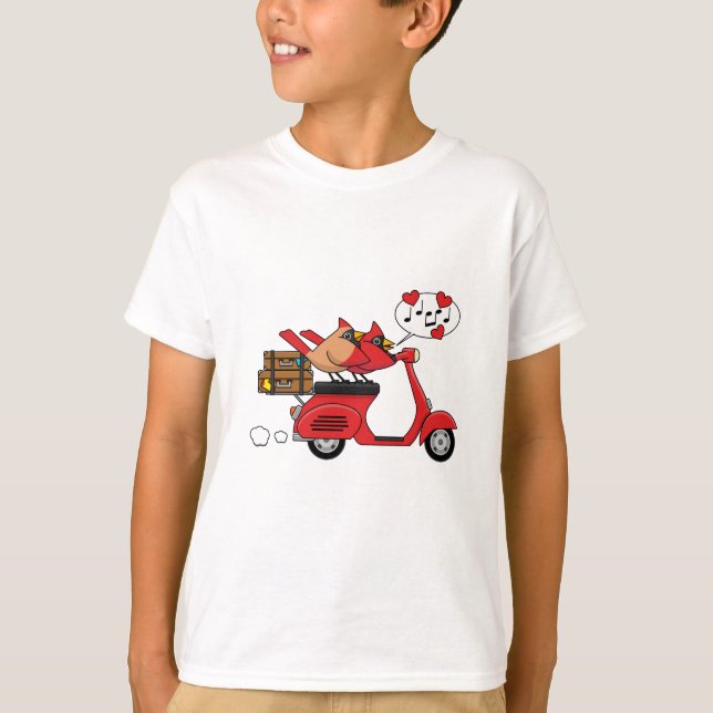 Red Cardinal Lovers on Scooter T-Shirt (Front)