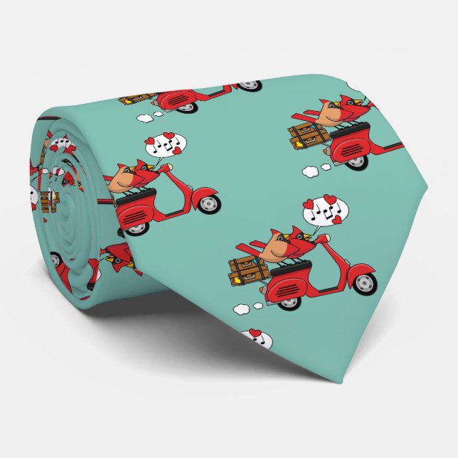 Red Cardinal Lovers on Scooter Tie (Rolled)