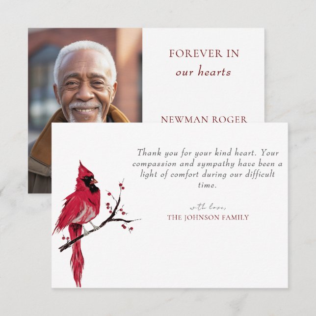 Red Cardinal Memorial Photo Thank You Card (Front/Back)