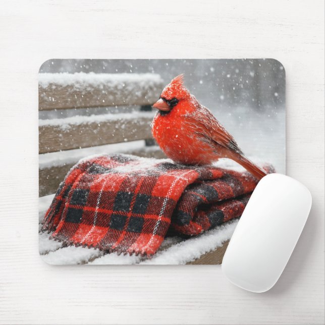 Red Cardinal on a Snowy Plaid Blanket Mouse Pad (With Mouse)