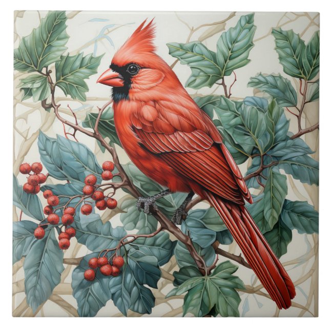 Red Cardinal on Berry Bush Tile (Front)