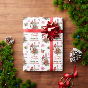 Red Cardinal on Christian Cross Christmas Wrapping Paper
