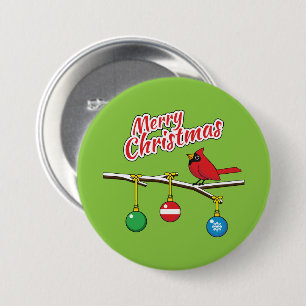 Red Cardinal on Christmas Bare Branch - Merry Xmas 3 Inch Round Button
