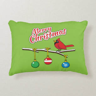 Red Cardinal on Christmas Bare Branch - Merry Xmas Accent Pillow