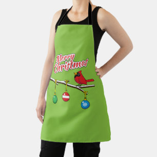 Red Cardinal on Christmas Bare Branch - Merry Xmas Apron