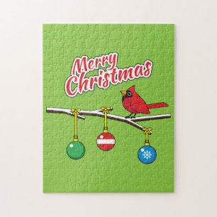 Red Cardinal on Christmas Bare Branch - Merry Xmas Jigsaw Puzzle