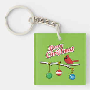 Red Cardinal on Christmas Bare Branch - Merry Xmas Keychain