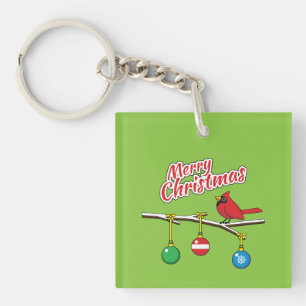 Red Cardinal on Christmas Bare Branch - Merry Xmas Keychain