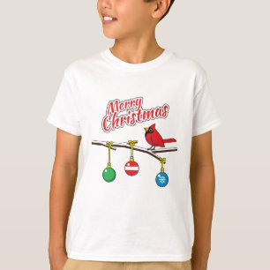 Red Cardinal on Christmas Bare Branch - Merry Xmas T-Shirt