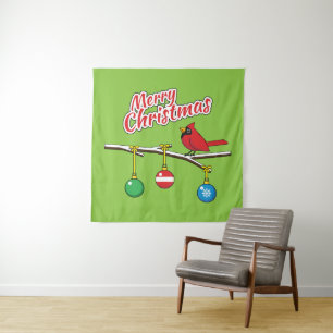 Red Cardinal on Christmas Bare Branch - Merry Xmas Tapestry