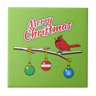 Red Cardinal on Christmas Bare Branch - Merry Xmas Tile
