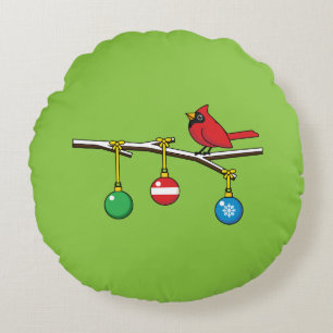 Red Cardinal on Christmas Bare Branch Round Pillow