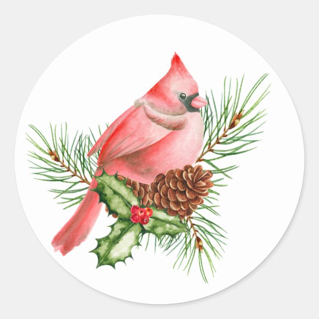 Red Cardinal on Pines Classic Round Sticker (Front)
