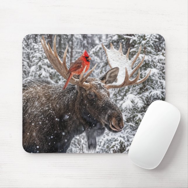 Red Cardinal On Snowy Moose Antlers Mouse Pad (With Mouse)