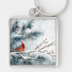 Red Cardinal on Snowy Pine Branch Keychain