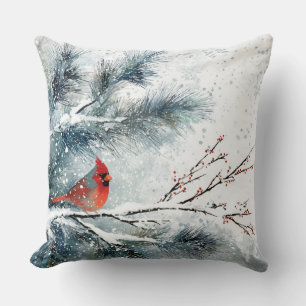 Red Cardinal on Snowy Pine Branch Throw Pillow