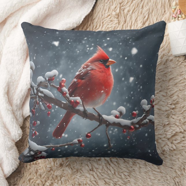 Red Cardinal on Tree Branch in Snow Throw Pillow (Blanket)