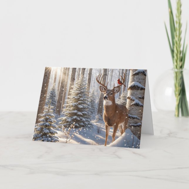 Red Cardinal Perched On A Deer's Antlers Card (Front)