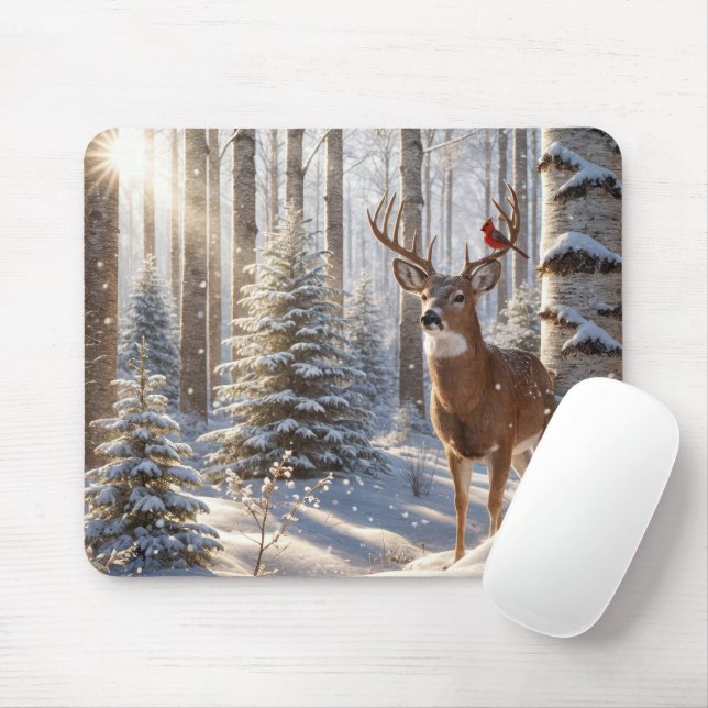 Red Cardinal Perched On A Deer's Antlers Mouse Pad (With Mouse)
