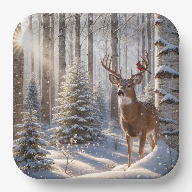 Red Cardinal Perched On A Deer's Antlers Paper Plate (Front)