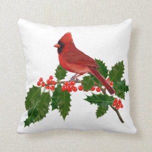 RED CARDINAL PERCHED ON HOLLY THROW PILLOW