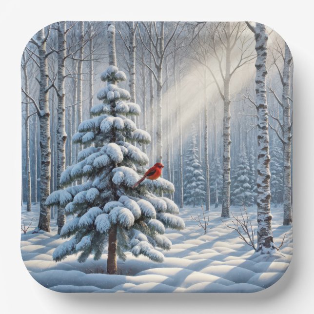 Red Cardinal Perched On Snowy Pine Tree Paper Plate (Front)