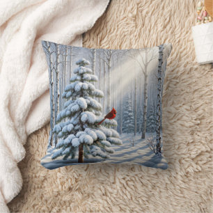 Red Cardinal Perched On Snowy Pine Tree Throw Pillow
