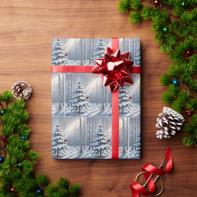 Red Cardinal Perched On Snowy Pine Tree Wrapping Paper (Holiday Gift)