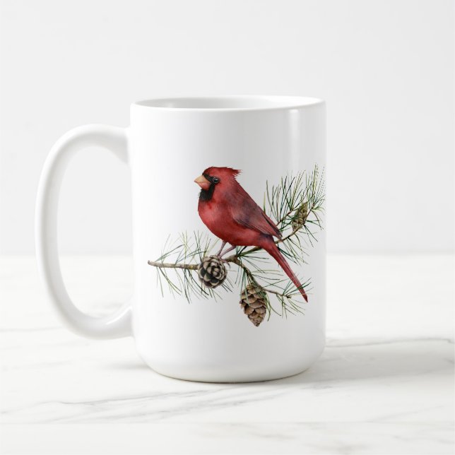 Red Cardinal, Pine Cones, Branch Christmas Coffee Mug (Left)