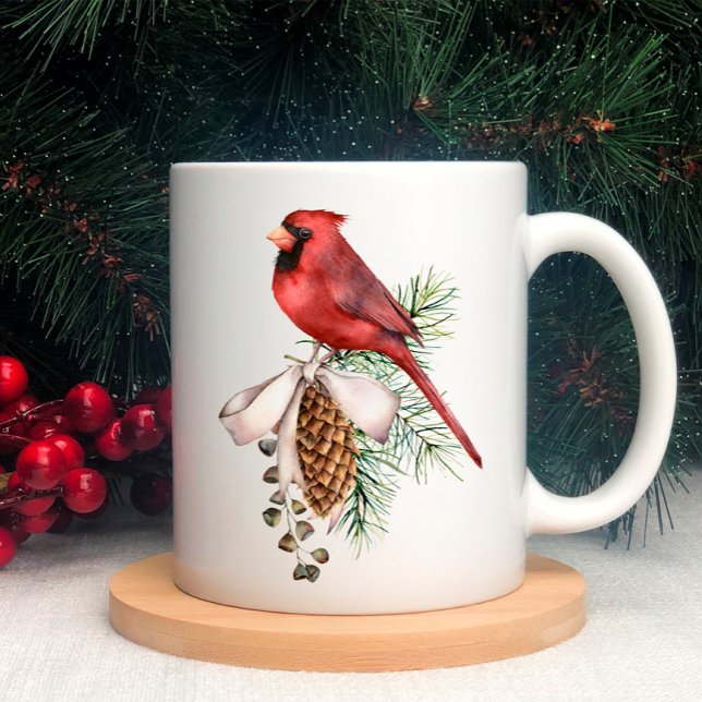 Red Cardinal, Pine Cones, Branch, Ribbon Christmas Coffee Mug (Creator Uploaded)
