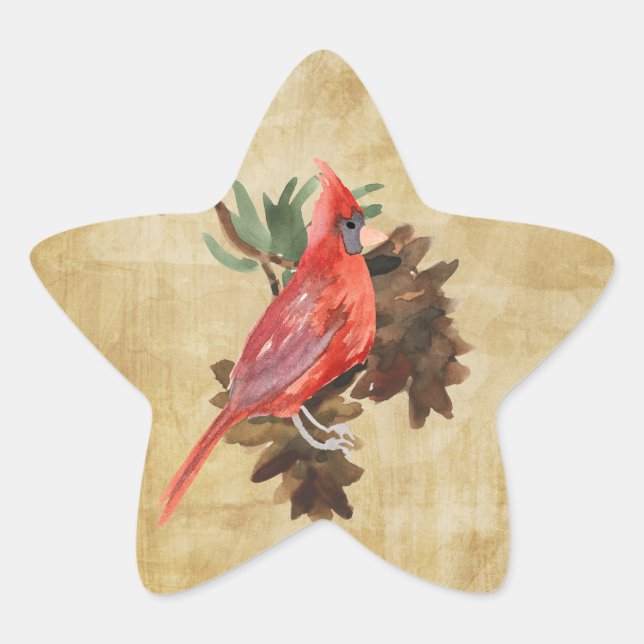 Red Cardinal Pine Cones Holiday Star Stickers (Front)