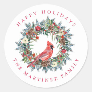 Red Cardinal Pine Wreath Happy Holidays Classic Round Sticker