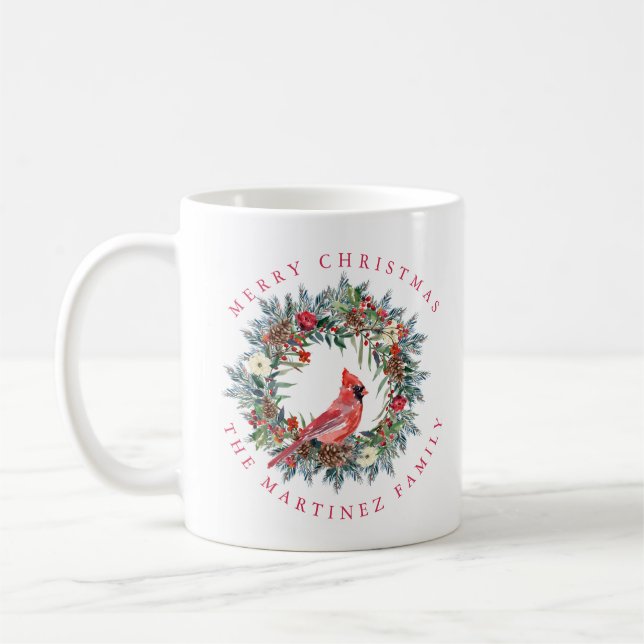 Red Cardinal Pine Wreath Merry Christmas Coffee Mug (Left)