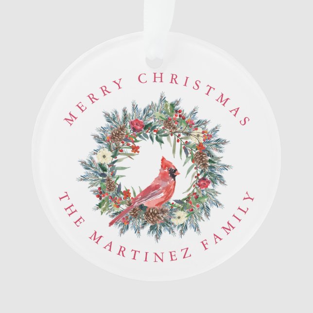 Red Cardinal Pine Wreath Merry Christmas Ornament (Front)