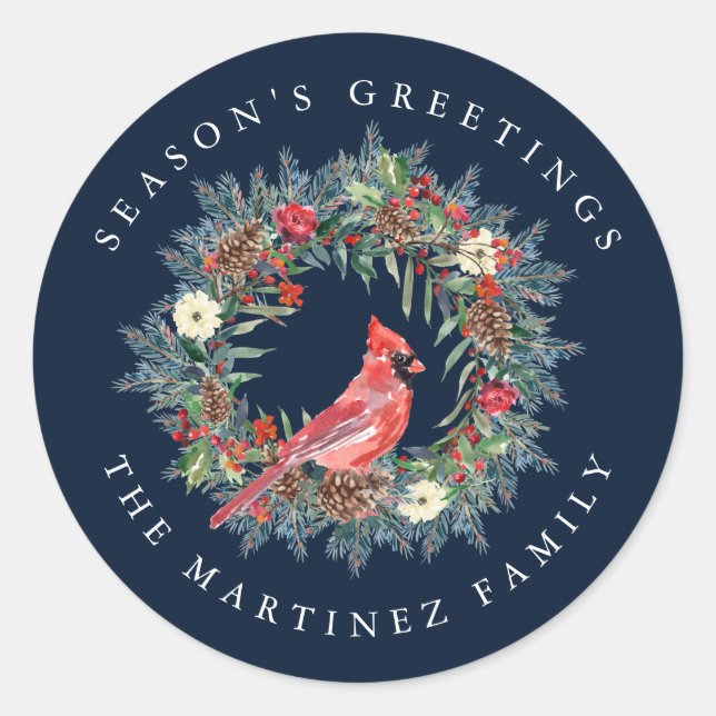 Red Cardinal Pine Wreath Season's Greetings Classic Round Sticker (Front)
