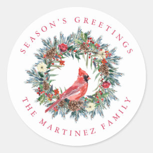 Red Cardinal Pine Wreath Season's Greetings Classic Round Sticker