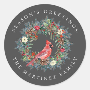 Red Cardinal Pine Wreath Season's Greetings Classic Round Sticker