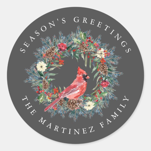 Red Cardinal Pine Wreath Season's Greetings Classic Round Sticker (Front)