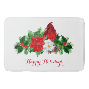 Red Cardinal Poinsettia Holly Pine Bath Mat