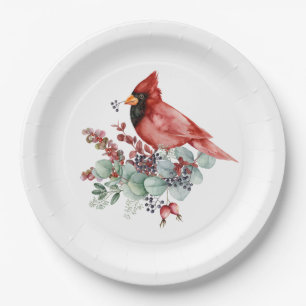 Red Cardinal, Red Berries, Eucalyptus Christmas Paper Plate