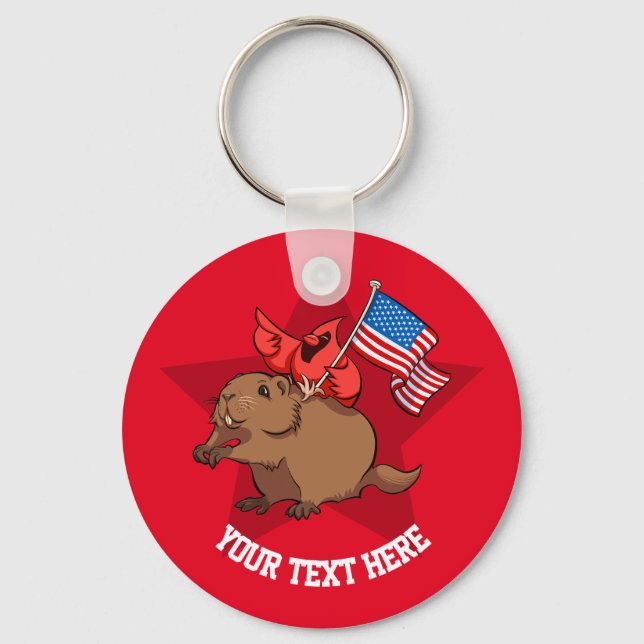 Red Cardinal Riding a Groundhog with American Flag Keychain (Front)