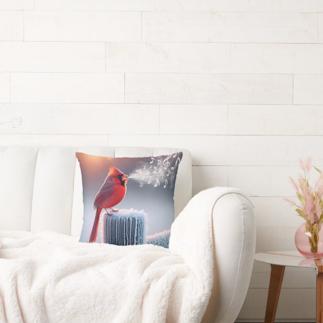 Red Cardinal Singing On Winter Fence Post Throw Pillow (Couch)