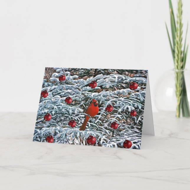 Red Cardinal Snow Ornaments Pine Tree Card (Front)