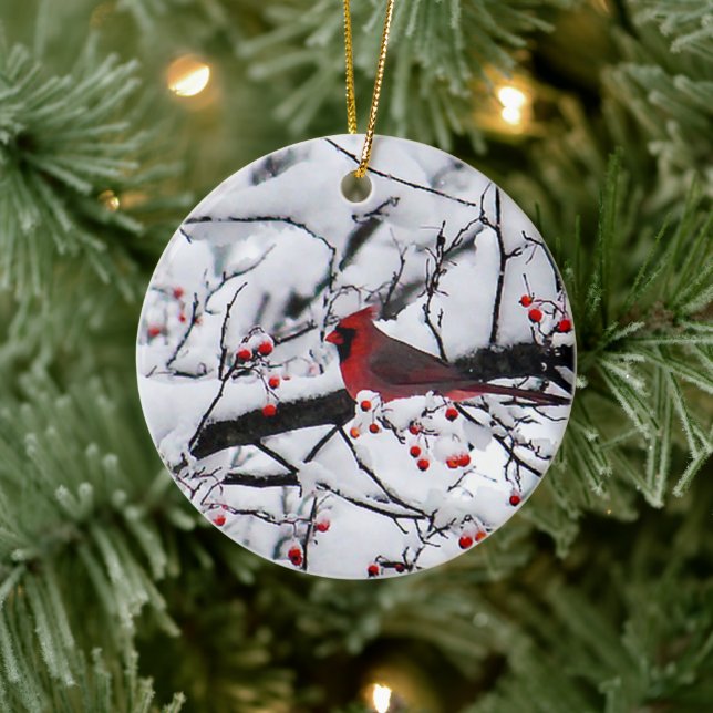 Red Cardinal Snow Tree Photo Ceramic Ornament (Tree)