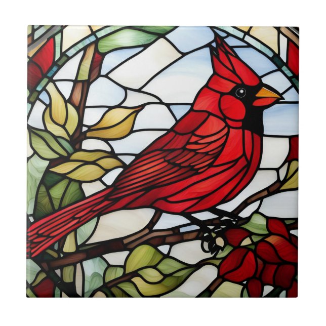 Red Cardinal Stained Glass Woodland Bird Tile (Front)