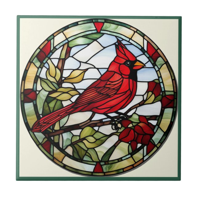 Red Cardinal Stained Glass Woodland Bird Tile (Front)